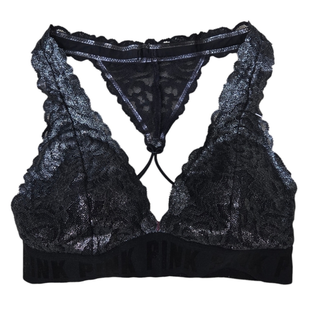 Victorias Secret Pink Black Sliver Lacey Bralette Criss Cross Back XS